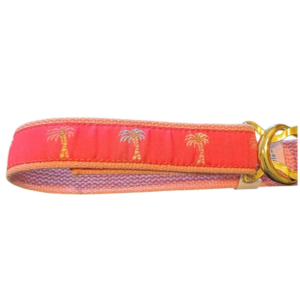 Vtg Douglas Paquette Pink Palm Tree Ribbon Canvas Belt Interlocking Buckle
